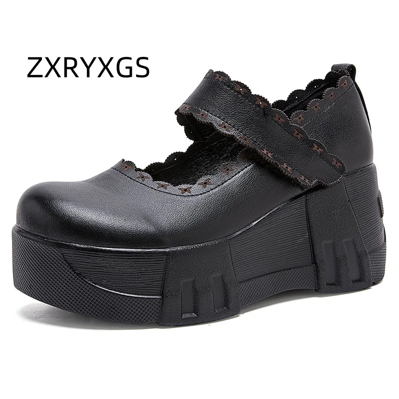 

ZXRYXGS 2025 New Top Cowhide Women Real Leather Shoes Thick Sole Increase Wedges Shoes Comfortable Elegant Banquet High Heels