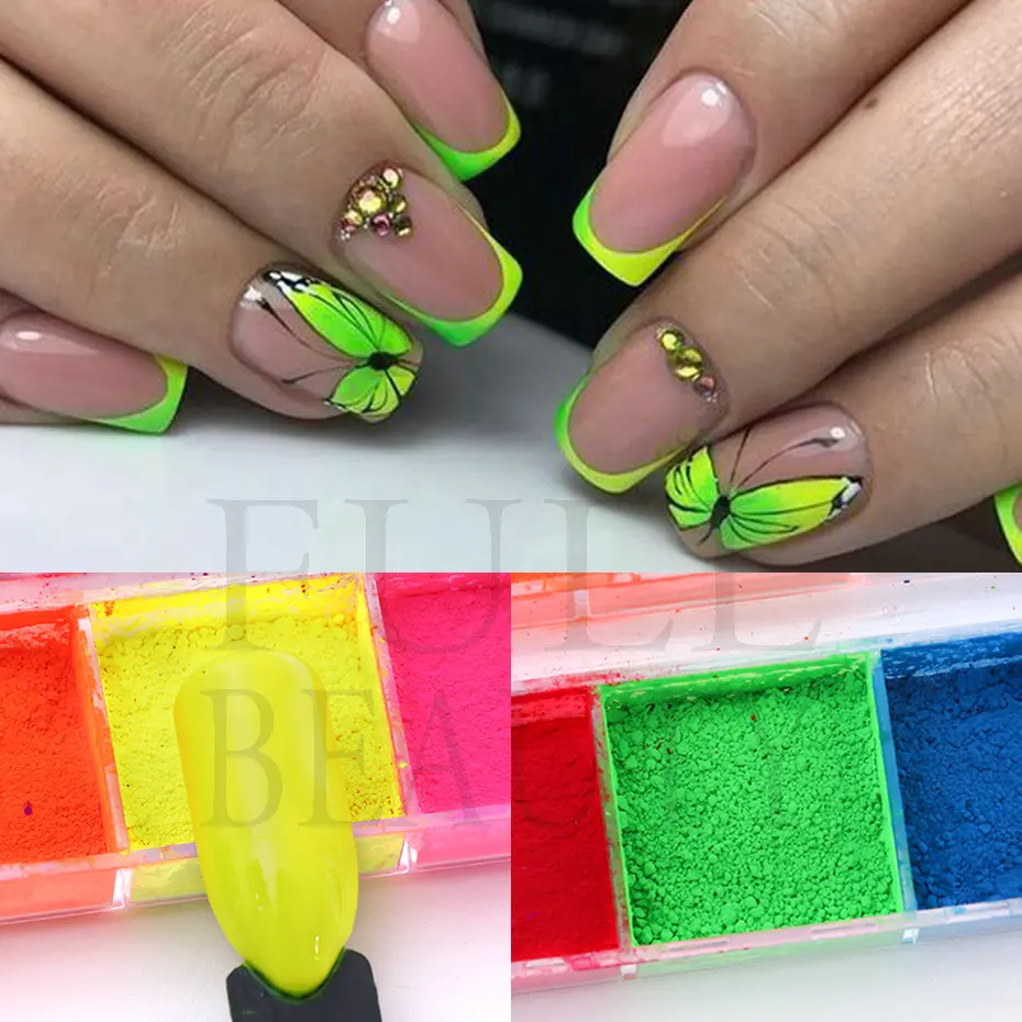 1 Case neonowy fosforyzujący proszek gwoździe tęczowy kolor fluorescencja żółty zielony Ombre odblaskowy Pigment do Manicure zanurzenie pyłu NTYE