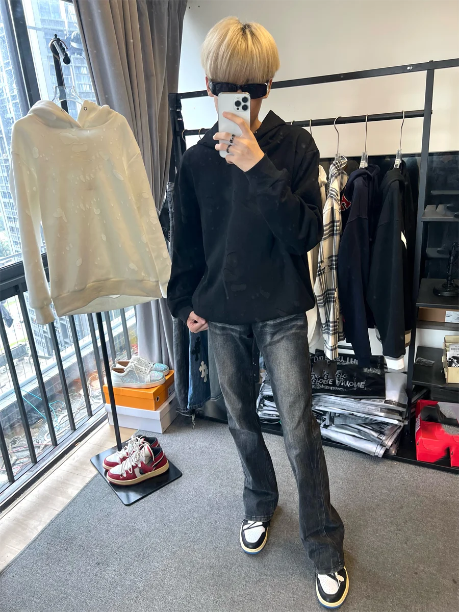 

Retro American Washed Fleece Lined Straight Leg Casual Jeans Men's Loose Fit Long Trousers Quality Denim Youth Fashion