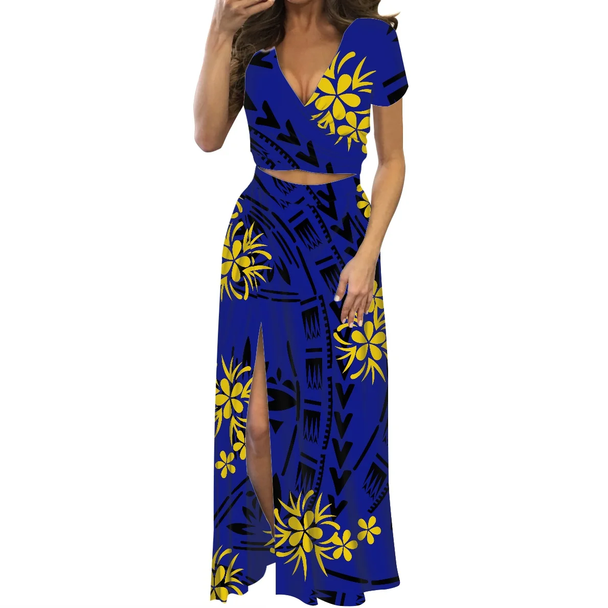 Summer Short Sleeve Sexy lace up top Lady Bodycon Slit Dress women two piece set polynesian Tribal Samoa Tapa Flower Print Dress