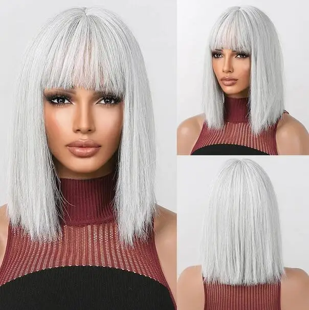 

Silver Gray Straight Synthetic Wig Short Wigs with Bangs for Women Cosplay Party Use Heat Resistant Fiber Natural Looking