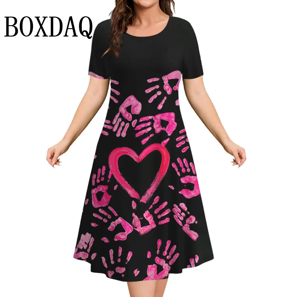 Fashion Summer Dresses Woman Elegant Dress Casual O-Neck Loose Clothing Women's Short Sleeves A-Line Dress Sweet Heart Printed