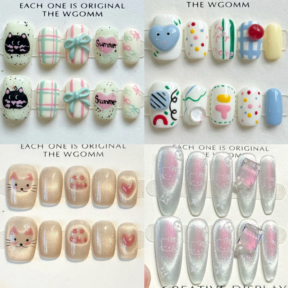 10Pcs Cute Cartoon Animals Handmade Fake Nails Cat Eyes Hello Kitty Rhinestone Bow Five-Pointed Star Wearable Fake Nails Gift