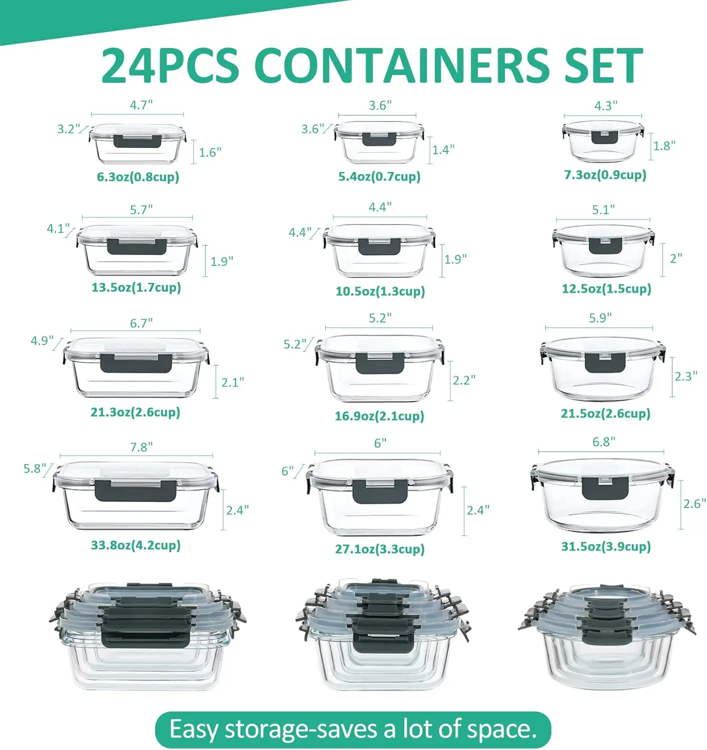 24 Pieces Glass Food Storage Containers Set,Glass Meal Prep Containers-Stackable Airtight Glass Storage Containers with lids