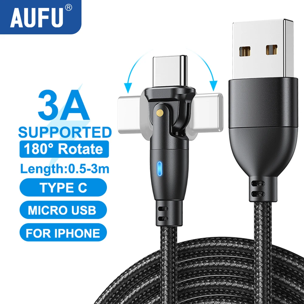 AUFU-Cable USB tipo C giratorio 180, Cable de carga rápida para Xiaomi, POCO, Oneplus, Huawei, iphone, cargador de teléfono móvil