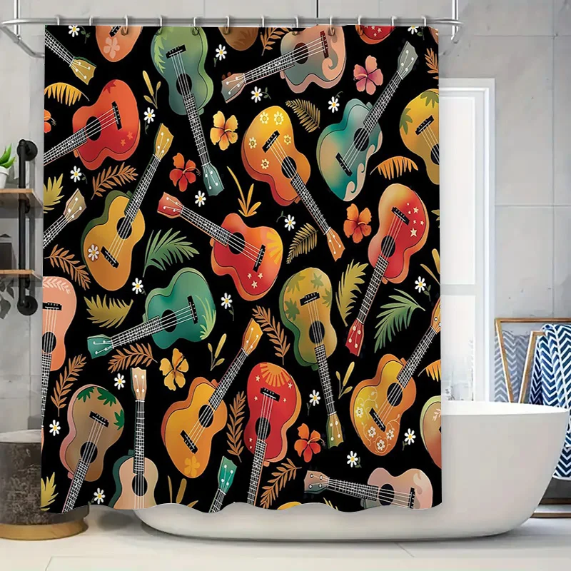 

Гавайская занавеска для душа, тропический гибискус, цветочная гавайская гитара, пляжная тема, декор, водонепроницаемая ткань для ванной комнаты