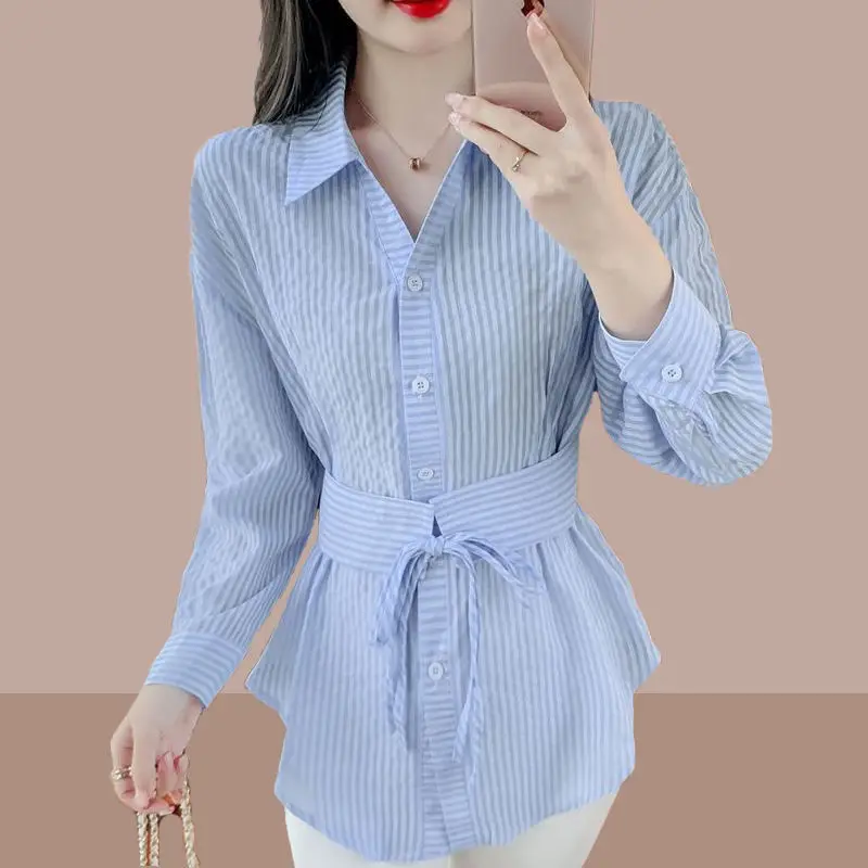 

Office Lady Striped Lacing Shirt Tops Spring New Long Sleeve Polo Neck Vintage Button Blouse Temperament Women Clothing JJ769
