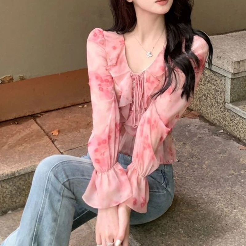 Women Stylish Floral Print Ruffles Lace Up Blouses Elegant Chic Sweet Slim Shirts Fairy V Neck Long Sleeve Chiffon Tops Female