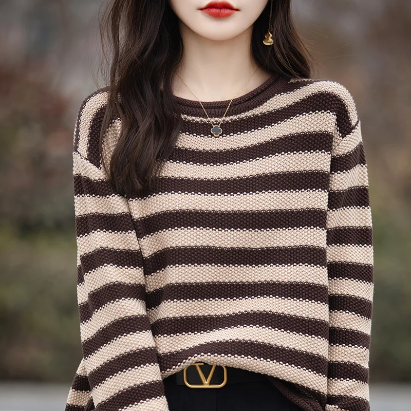 Women 100% Cotton Sweater Autumn Winter Curled O-Neck Pullover Long Sleeve Bottoming Colorful Stripes Knitwear Loose Clothing