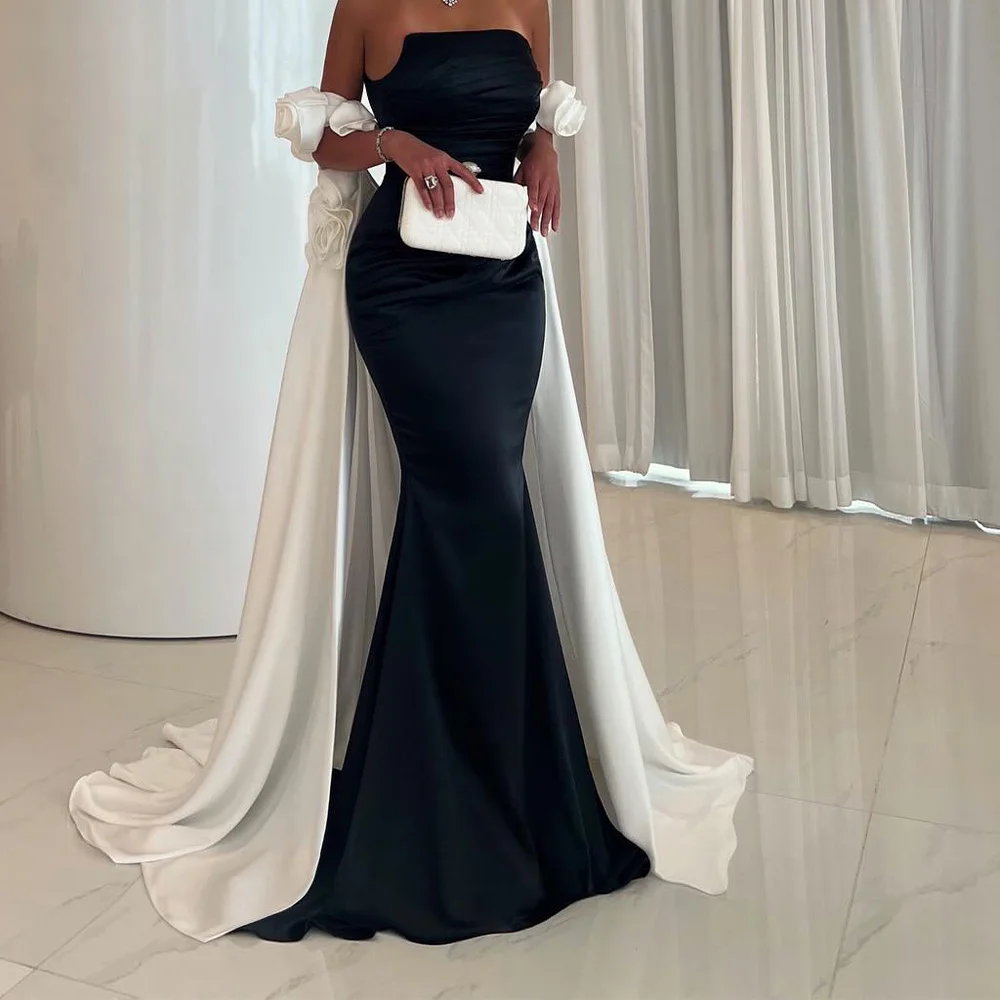 

Mermaid Elegant White 3D Flowers Off the Shoulder Evening Dress Formal Black Jersey Sleeveless Floor Length Strapless Dubai 2024