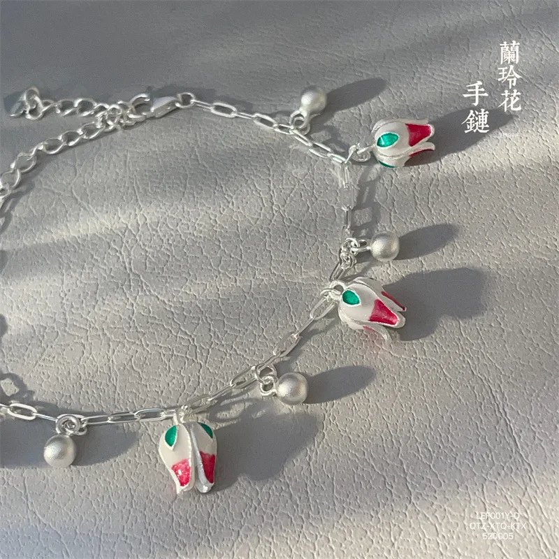 Silver 999 Enamel Lily of Valley Ancient Method Frosted Bead Bracelet and Versatile Hand Jewelry