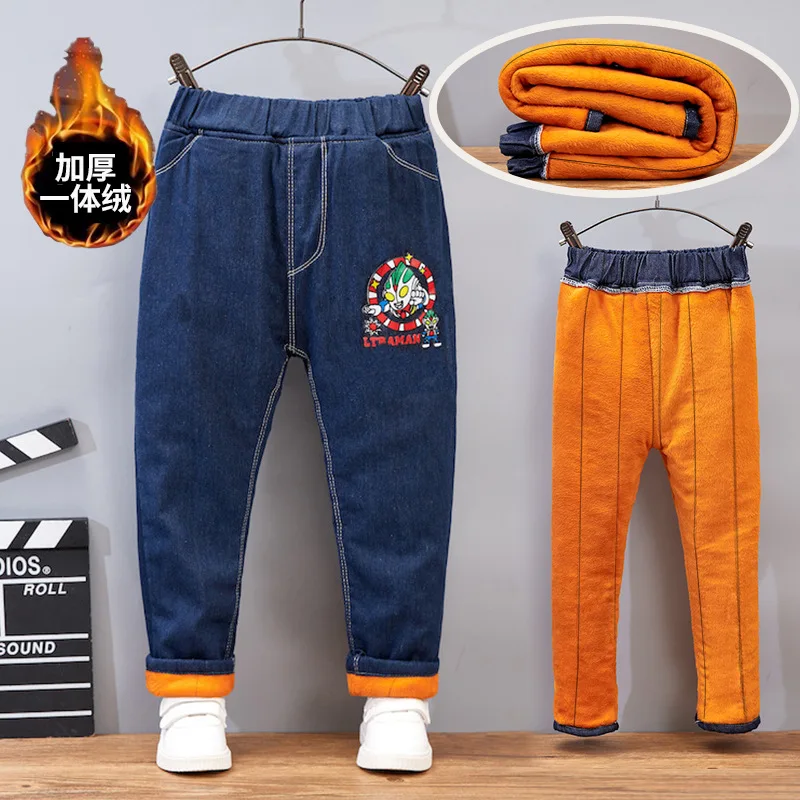 2024 Children Boys New Autumn winter Cartoon Thick Denim Pants Baby Boys Casual Good Velvet Warm Jeans Pants 1-7 years