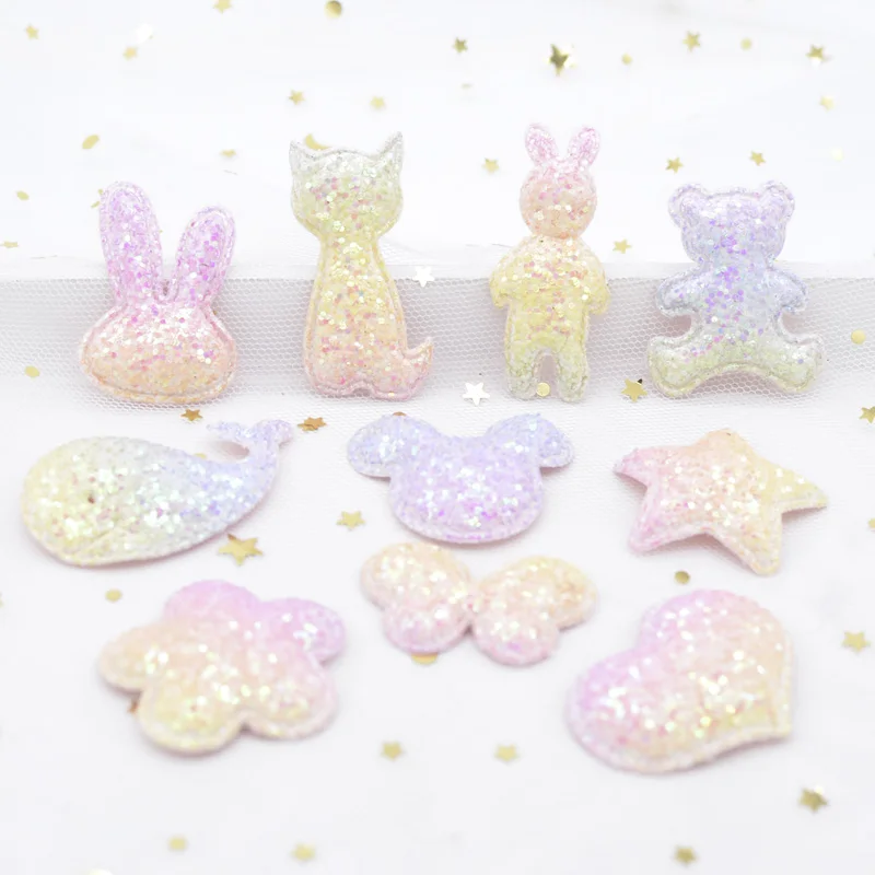 10pcs Glitter Fabric Applique Butterfly Mouse Star Flower Heart Rabbit Bear Cat Fish Baby Patches for DIY Hair Clips Decor