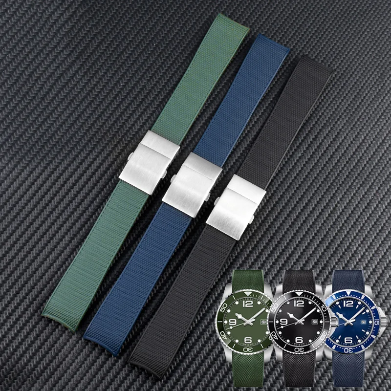 21mm Rubber silicone strap Men’s Sport waterproof Steel folding buckle watchband For Longines Comcast series L3.781 642 742 782