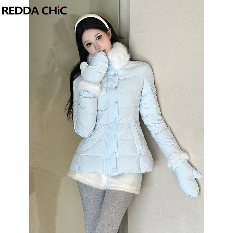 REDDACHiC فو الفراء طوق المرأة أسفل سترة فروي الأصفاد قفازات ضئيلة كامل البريدي اقتصاص معطف مبطن كوريا ملابس خارجية الشتاء غير رسمية #1