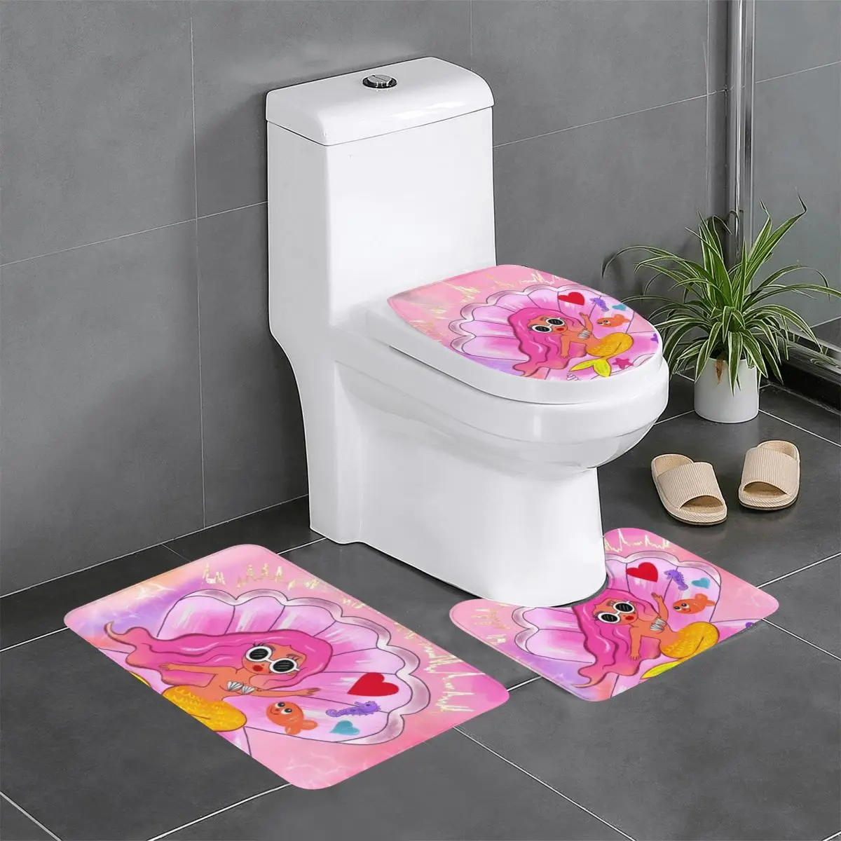 

Изготовленный на заказ набор ковриков для ванной комнаты Mermaid Bichota Season Karol G, комплект из трех нескользящих ковриков для унитаза и ванной