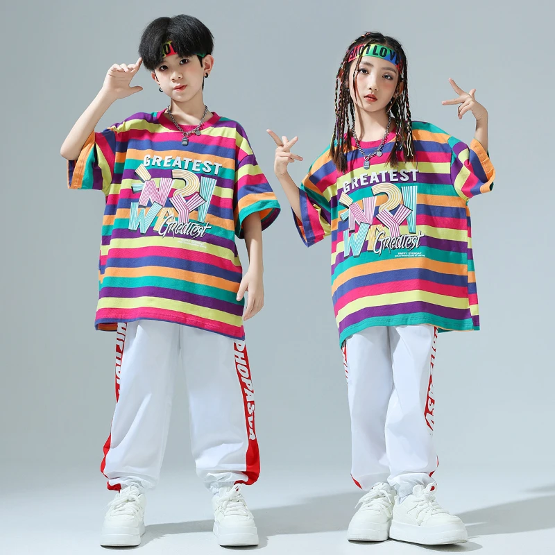 

Hip Hop Girls Striped T-shirt White Pants Street Dance Short Sleeve Top Streetwear Jazz Clothes Sets Group Fashion Stage Costume
