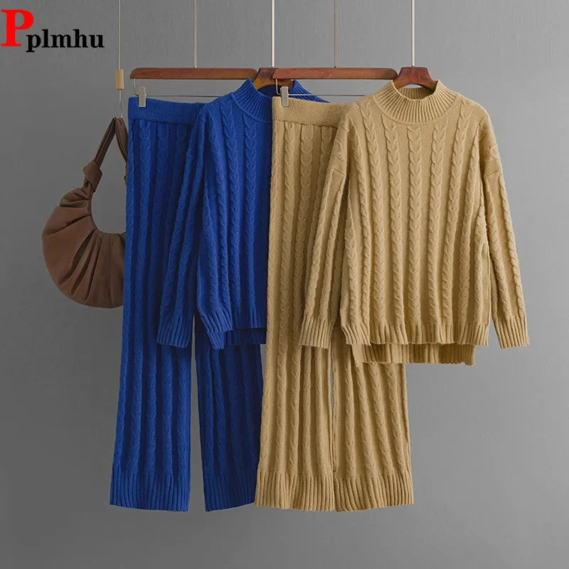 High Waist Straight Pants Outfit New Fall Winter Twists Knit 2 Piece Sets Women Half Turtleneck Sweater Pullover Tops Conjuntos