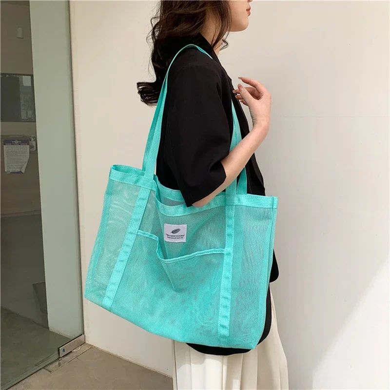 Transparente Mesh-Umhängetasche für Damen, modische tragbare Handtasche zum Einkaufen, Reisen, Strand, Mesh-Netztasche – Detail 9
