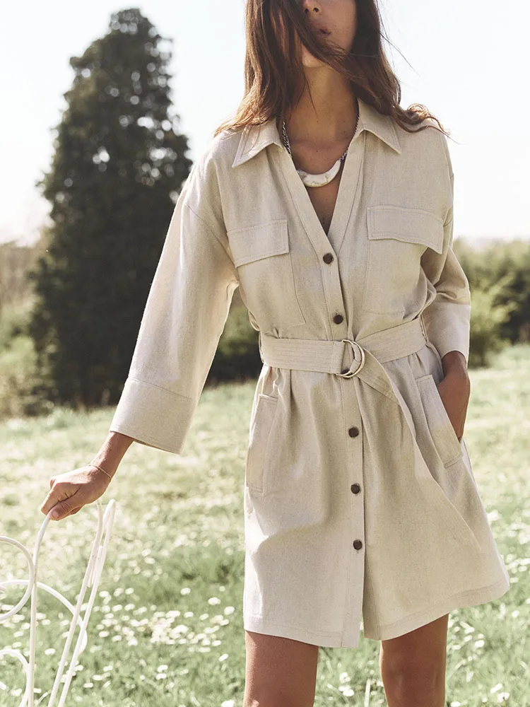 

Новое весеннее поступление, женское утягивающее платье с поясом из смешанного волокна, дизайн с одной пуговицей ZA2025, модное платье Ele