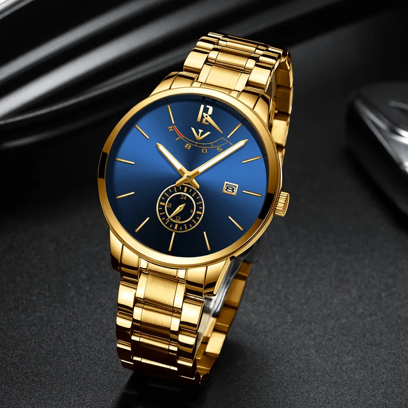 NIBOSI Mens Watches Top Brand Luxury Gold Stainless Steel Blue Quartz Watch Men Waterproof Sport Wristwatch Relogio Masculino