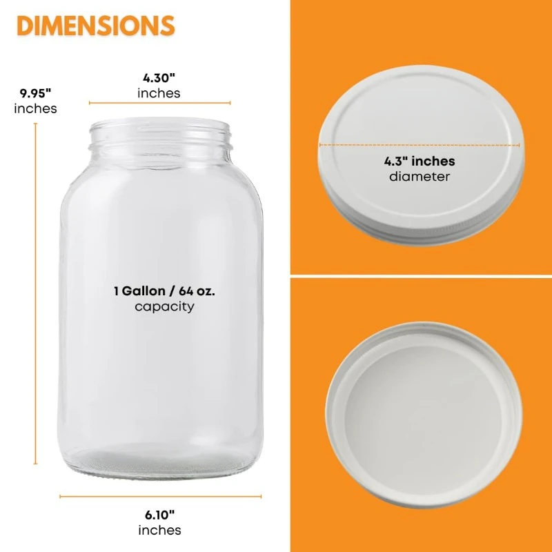 Pack of 4 One Gallon Wide Mouth Jar with White METAL Airtight Lid, 4 Glass Jars with 4 Fermentation Lids, Ideal Glass Jars