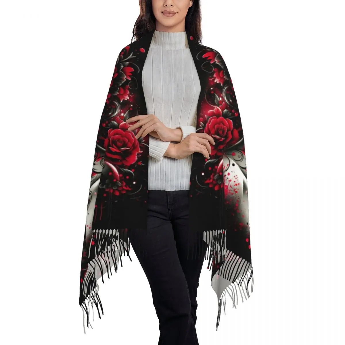 Custom Mexican Catrina Sugar Skull Tattoo Tassel Scarf Women Winter Warm Shawls Wraps Lady Scarves