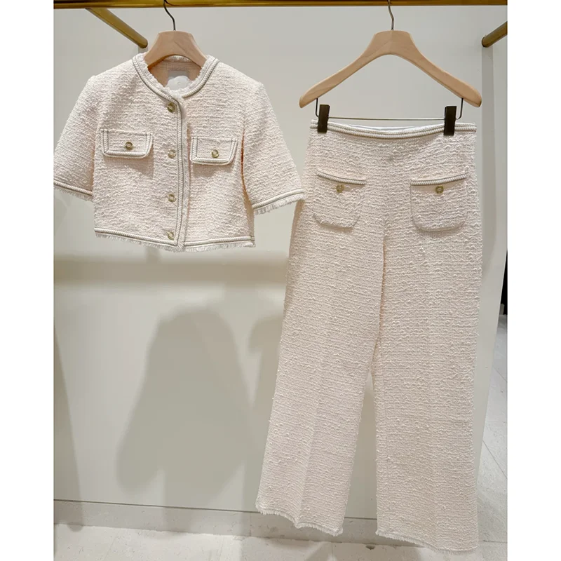 

Ele Heidd, весна 2025 г., женский комплект Faion, ort Sve round Ne, хлопковый костюм, брюки с высокой талией, бежевый твидовый топ, бот