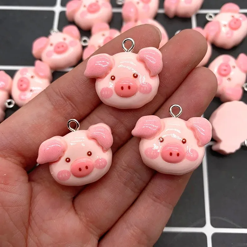 10pcs Kawaii Bright Pink Pig Resin Charms Cartoon Flatback Animal Earring Keychain Pendant DIY Jewelry Make
