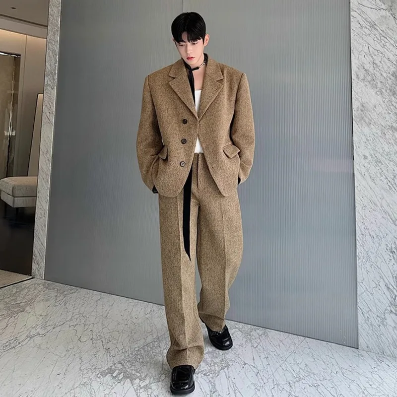 IEFB Autumn Winter Woolen Two-piece Set Temperament Casual Men Clothing Single Breasted Suit Jacket Straight Pants 2024 9C7578