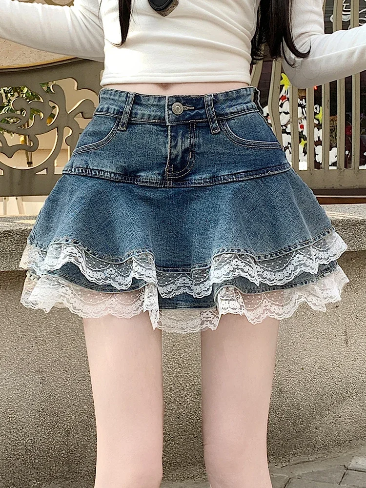 Women Fashion Streetwear Ruffles Kawaii Lace Skirts Shorts Preppy School Pleated Jeans Skirt 2025 Summer Mini Y2K Denim Skirt