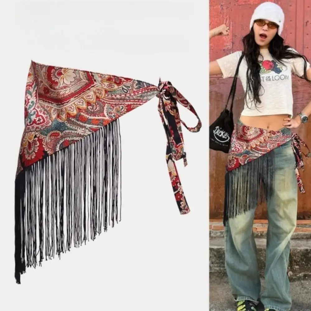 Split Chinese Style Triangular Waist Belt Printing Tassel Trim Butt Curtain Ruched Irregular Hem Triangular Waistband Streetwear