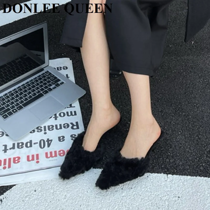 Fashion Women Fur Slides Slippers Pointed Toe Shallow Slip On Plush Shoes Med Heels Mule Black Rose Pink Pumps Party Dress Mujer