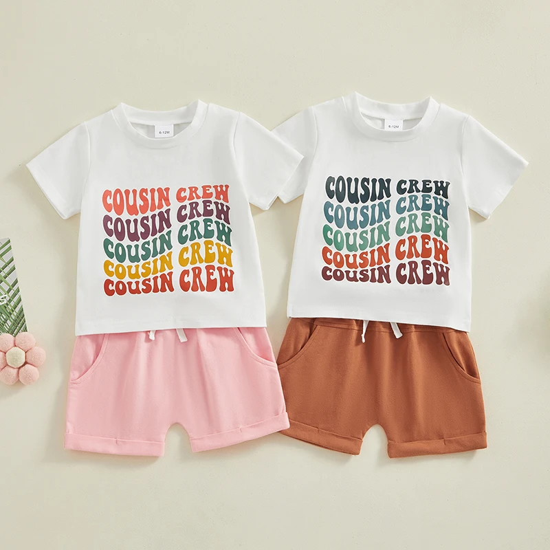 

2023-12-16 Lioraitiin Toddler Baby Girl Summer Outfits O-Neck Short Sleeve Letter Print Tops + Elastic Waist Shorts Infant Set