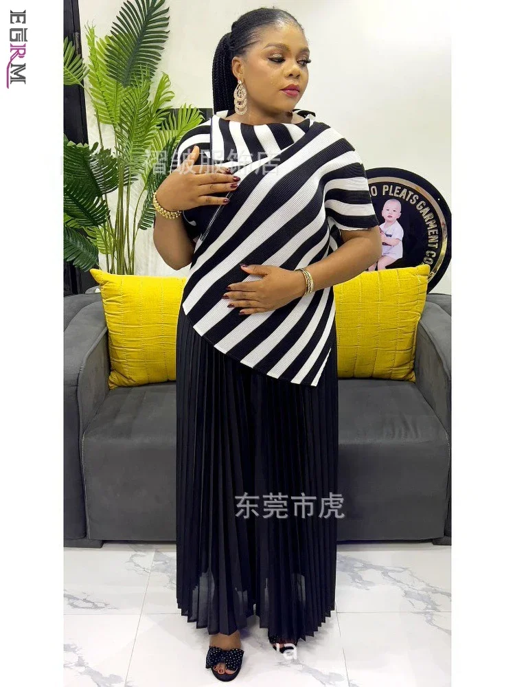 EGRM Fashion Pleated Two Piece Set Women Irregular Striped Print Tops + Wide Leg Trousers Elegant Party 2024 New Clothing 6R7105