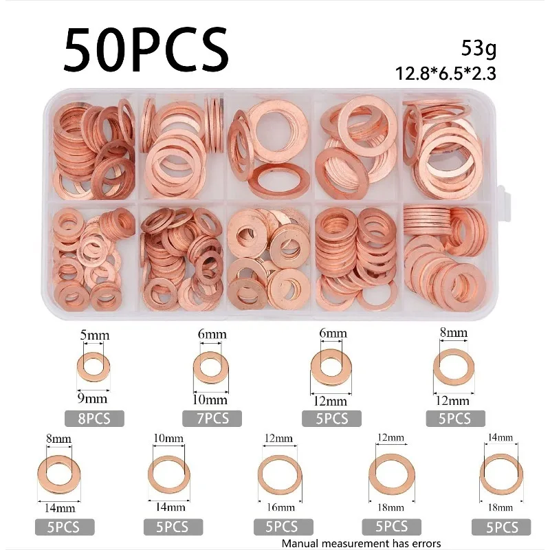 

For Sump Copper Washer50/100/120 Pcs Copper Washer Gasket Set Flat Ring Seal Assortment Kit With Box M 4 M5 M6 M8 M10 M 12 M 14