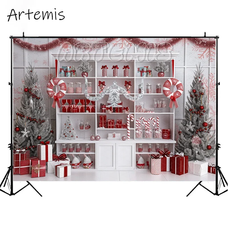 Christmas Themed Candy Store Photography Backdrop Shelves Silver Decoration Candy Canes Chocolate Boxes Background Photo Studio