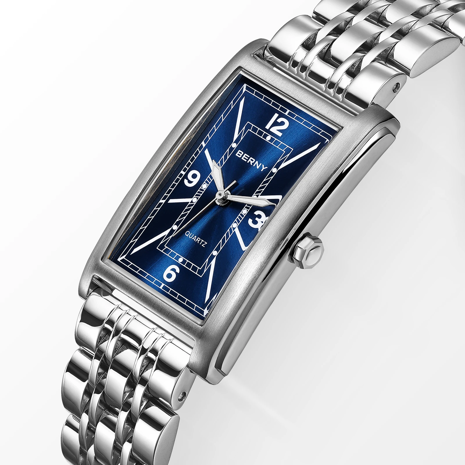 BERNY Square Men Watch Luminous Quartz Roman Numeral Dial 316L Stainless Steel Casual Fashion Rectangular Luxury Watch for Men