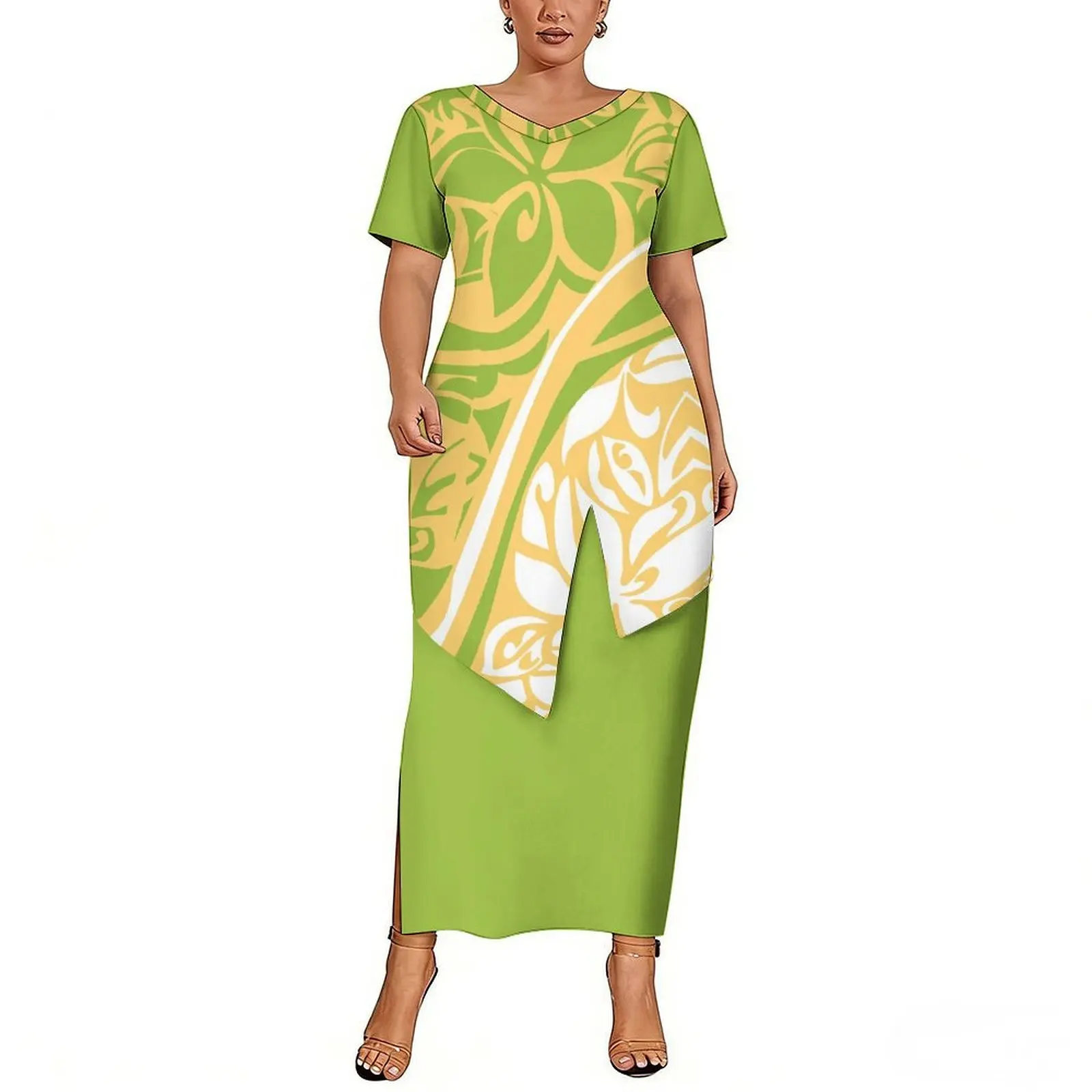 

Удобная и повседневная женская одежда – комплект с юбкой-пулетаси с V-образным вырезом и узором в полинезийском стиле, с возможностью индивидуального пошива