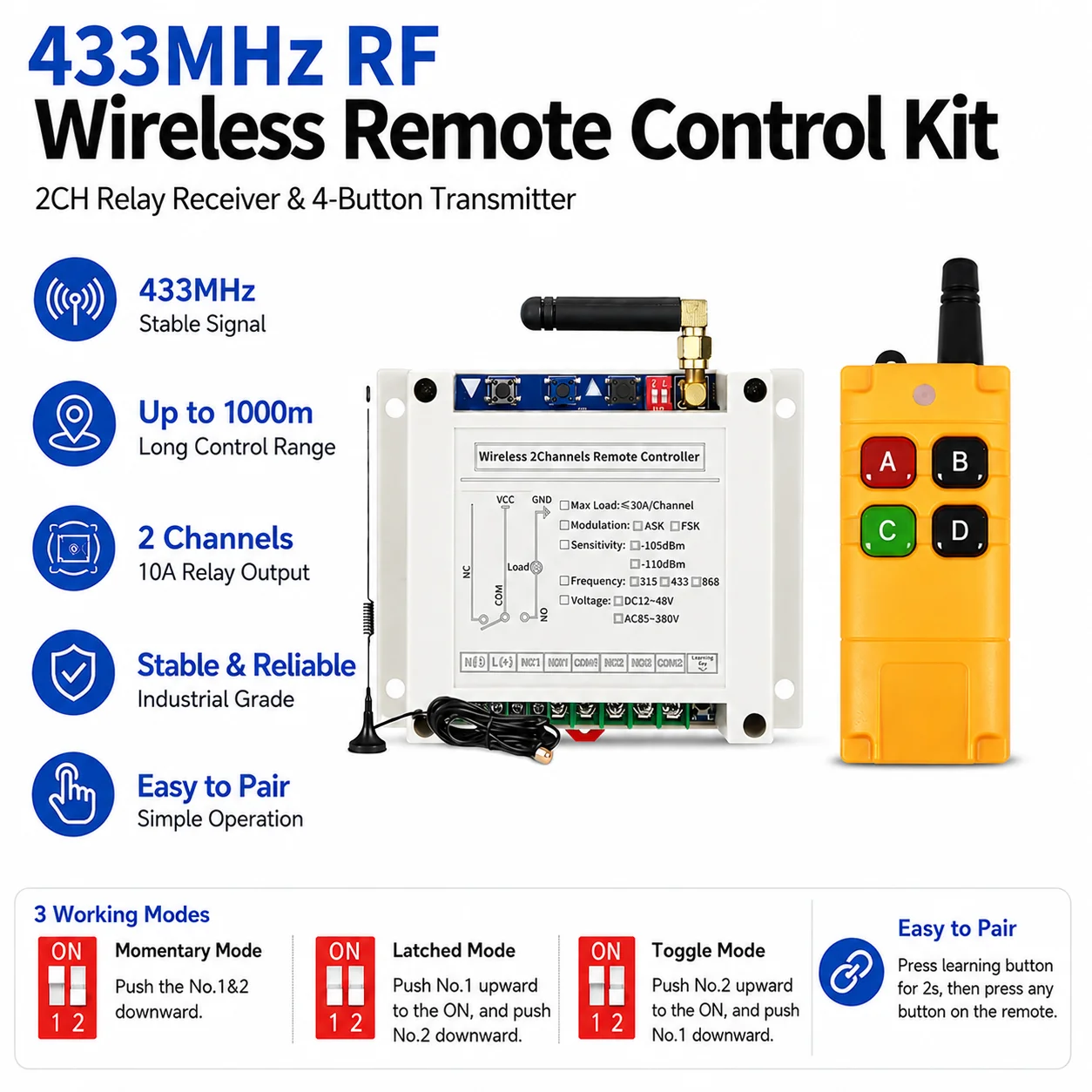 433MHz 2CH Wireless RF Remote Control Switch Long Range 30A Relay Controller With Antenna DC12V 24V 36V 48V Industrial Receiver