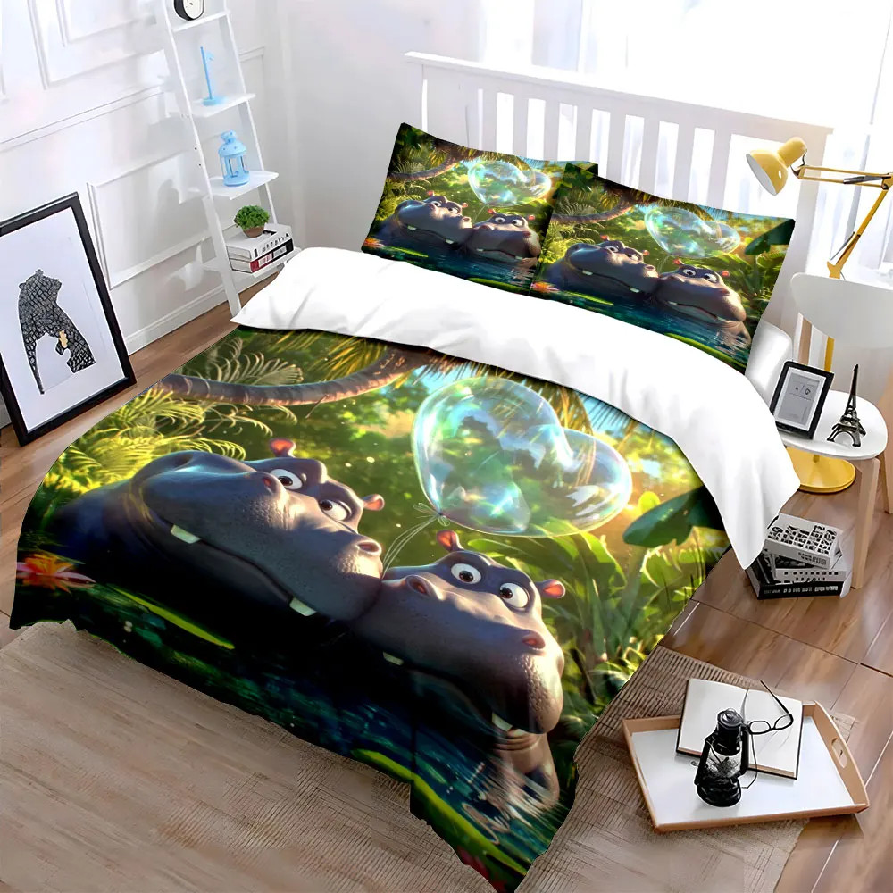 Hippos in River with Heart Balloon Bedding Set for Kids Luxury Gift 3pcs Digital Print Comforter Set Soft Comfortable