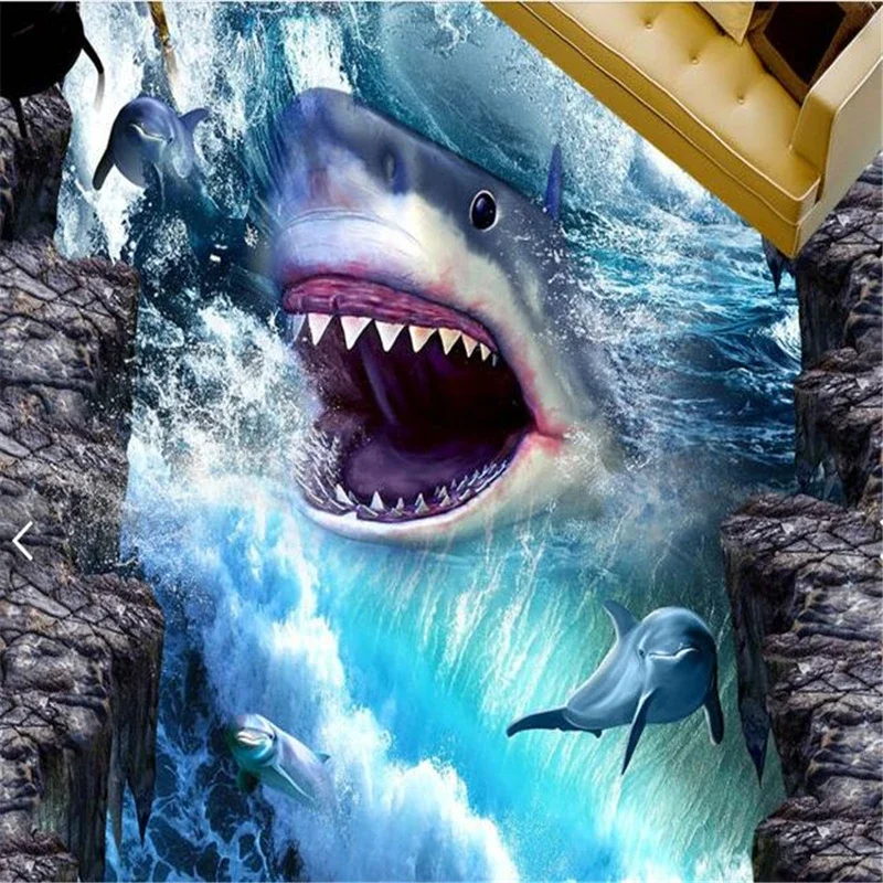 beibehang world ocean shark 3D stereo outdoor bathroom kitchen wallpaper from the balcony board PVC floor mural 3D wall stickers