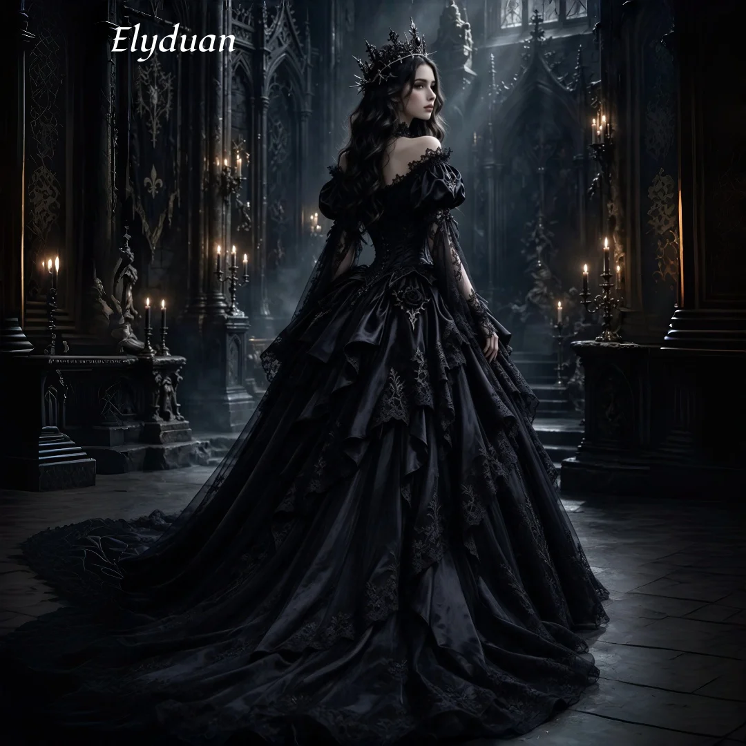 Black Gothic Wedding Dress Puff Sleeve Lace Corset Ball Gown Dark Queen Vampire Halloween Costume Bridal Gown Customized