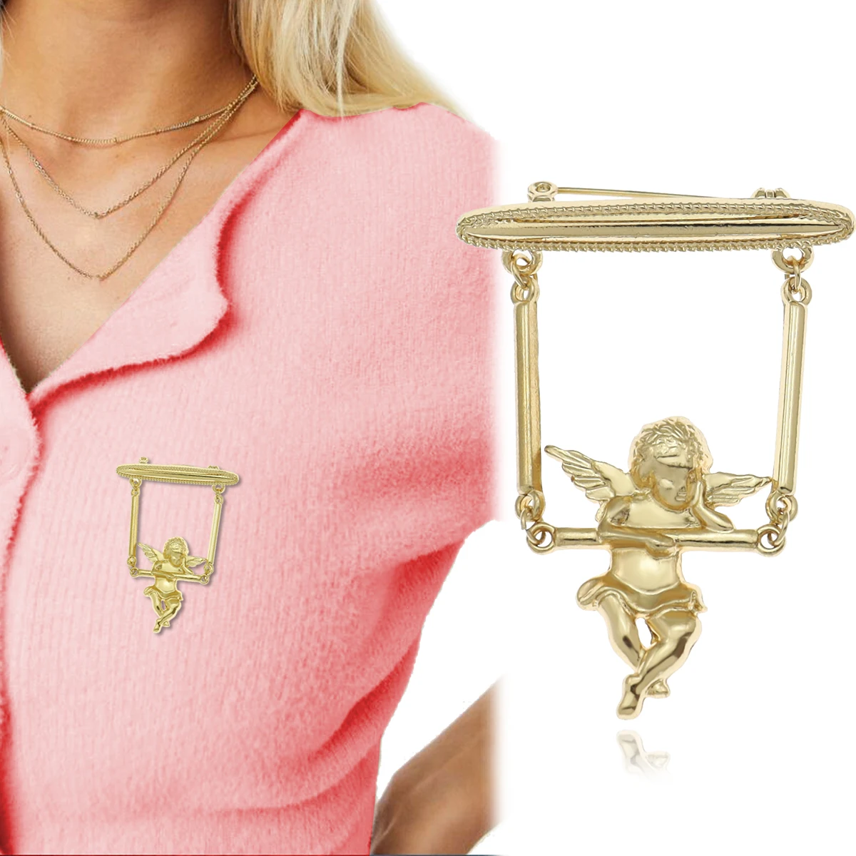 RechicGu New Women\'s Accessories Angel Fairy Feeding Moon Cresent Pearl Baroque Lapel Brooch Pin Jewelry Girl Friendship Gifts