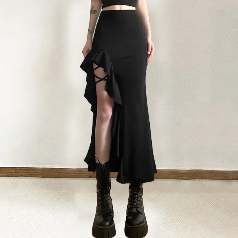 Nibber All-match Commuter Casual Young Girl Summer New Black Cross Simple Sexy Cool Breathable Soft Women's Knit Split Skirt