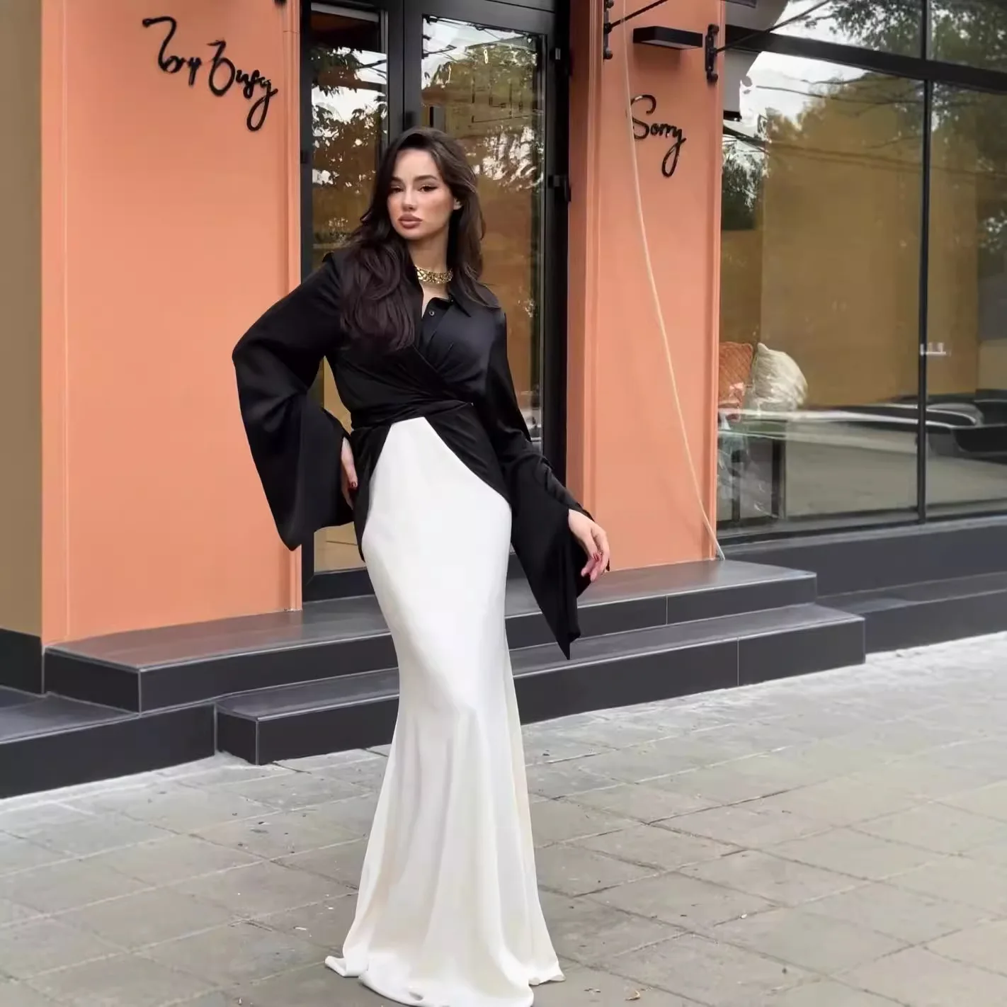 Women Elegant Skirt Sets Two Piece Trumpet High Waist Spliced Long Skirts Full Sleeve Crisscross Shirts Lady Party Prom