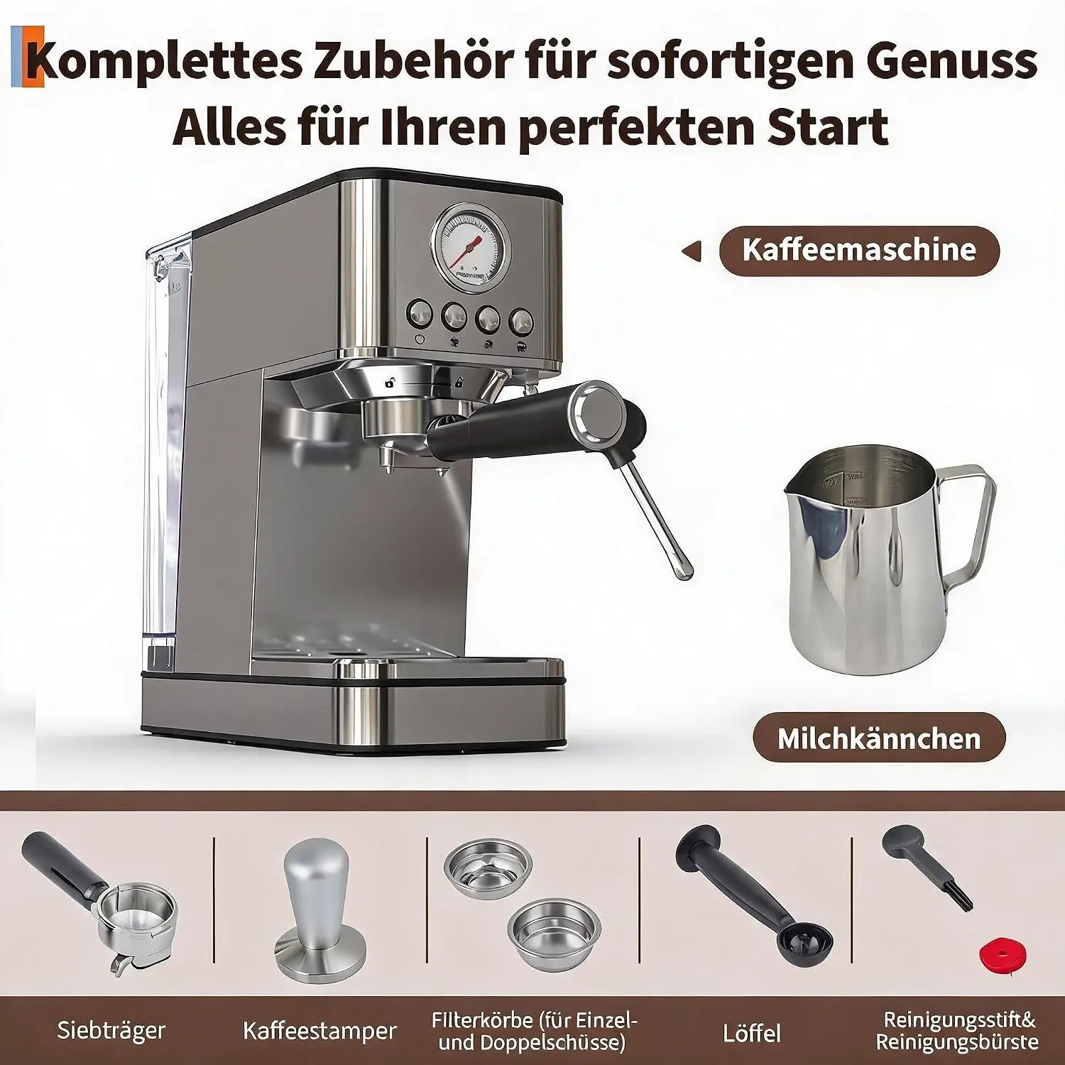Cafetera Espresso con Filtro Central, 20 Bares, 1200 W, Sistema de Calentamiento Rápido Thermoblock, 360 ° Boquilla para vapor/espumador de leche - depósito de agua extraíble de 1,7 L.