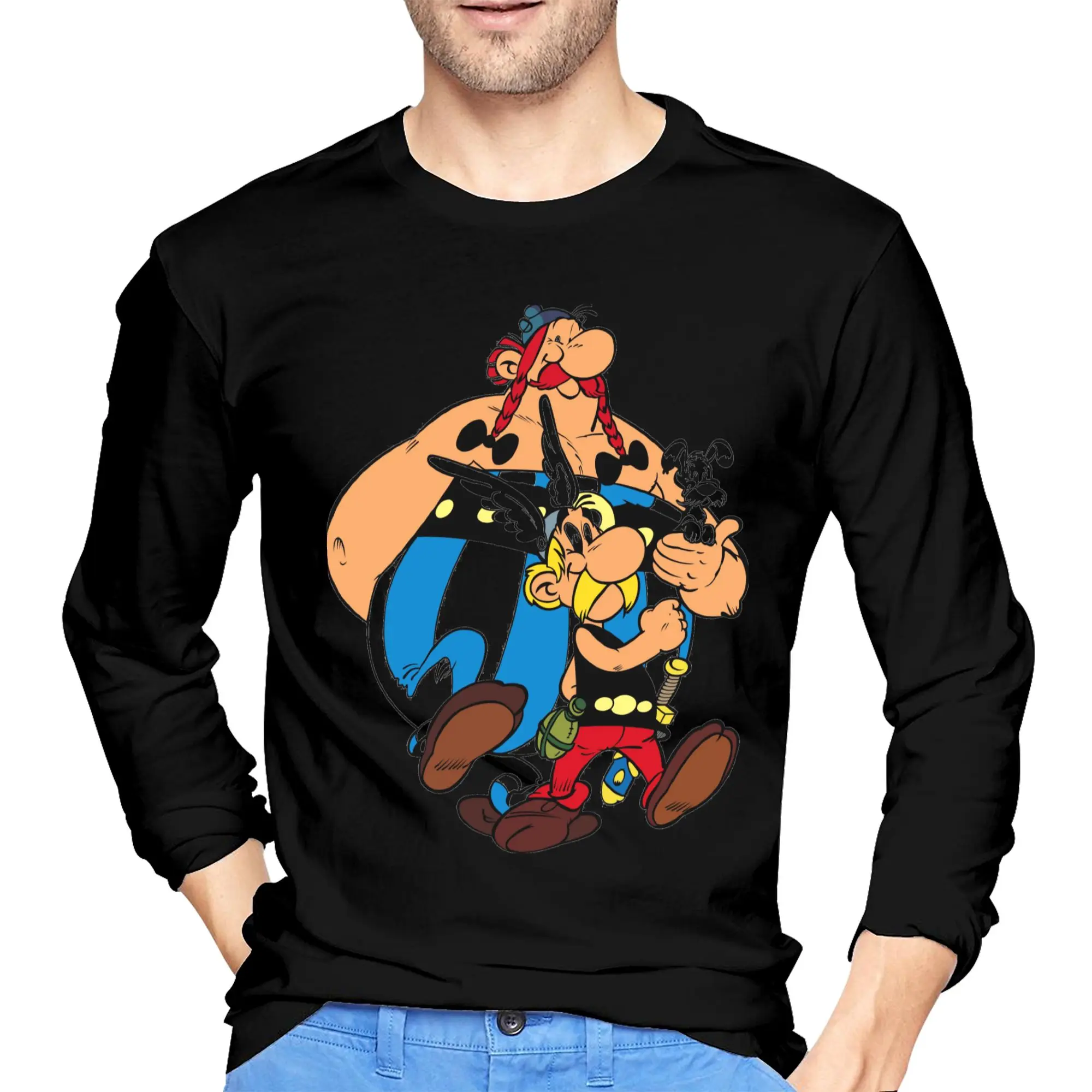 

Asterix And Obelix Dogmatix Men's Long Sleeved T-shirt Casual Round Neck T shirts Spring and Autumn Men tops
