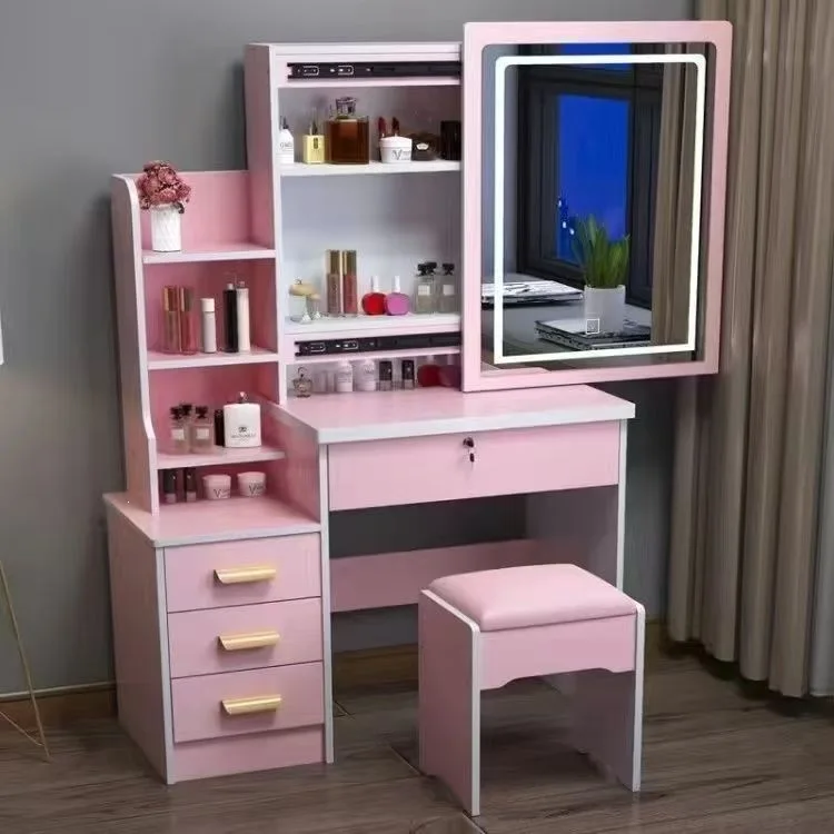 Elegant white makeup dresser with sliding illuminated mirror and touch controls