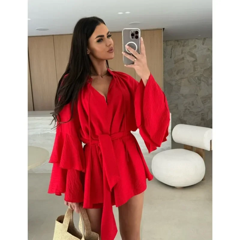 Primavera babados mangas duplas em camadas mini forro vestido cor sólida com decote em v irregular rendas até manga comprida vestido solto para mulher